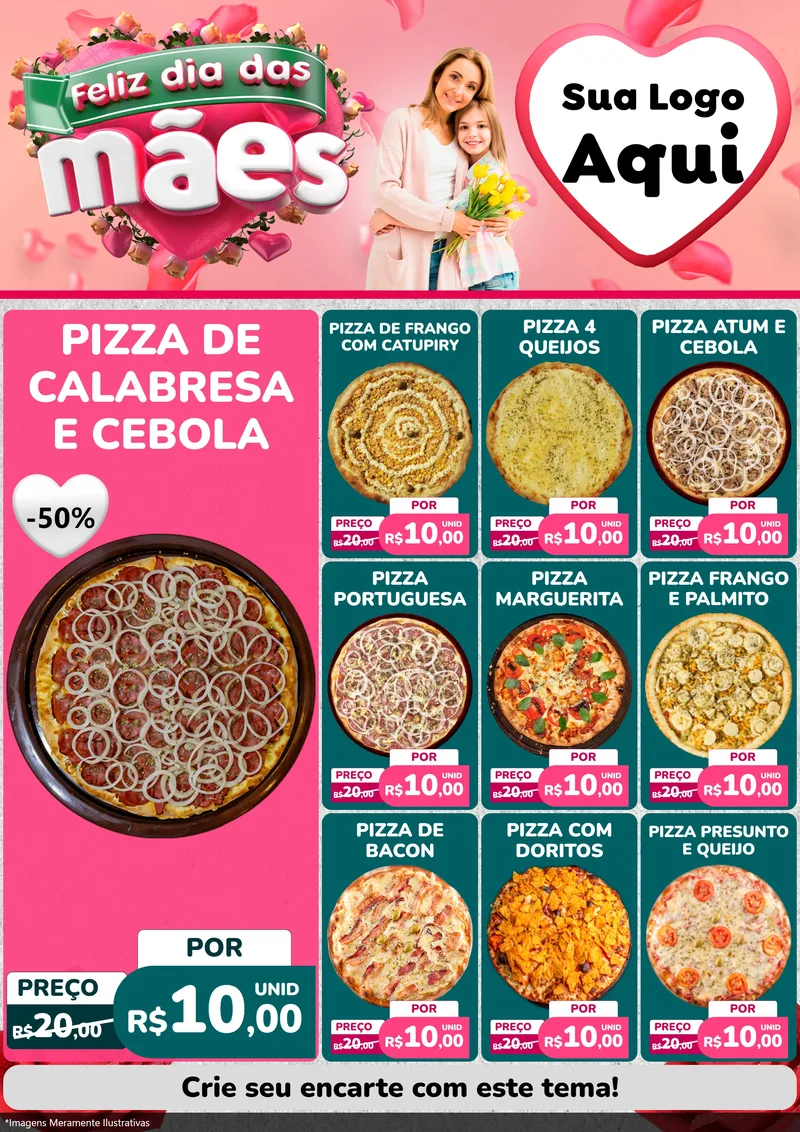 Modelo de Encarte para Encarte A4 Vertical com o tema Feliz Dia das Mães para Pizzaria