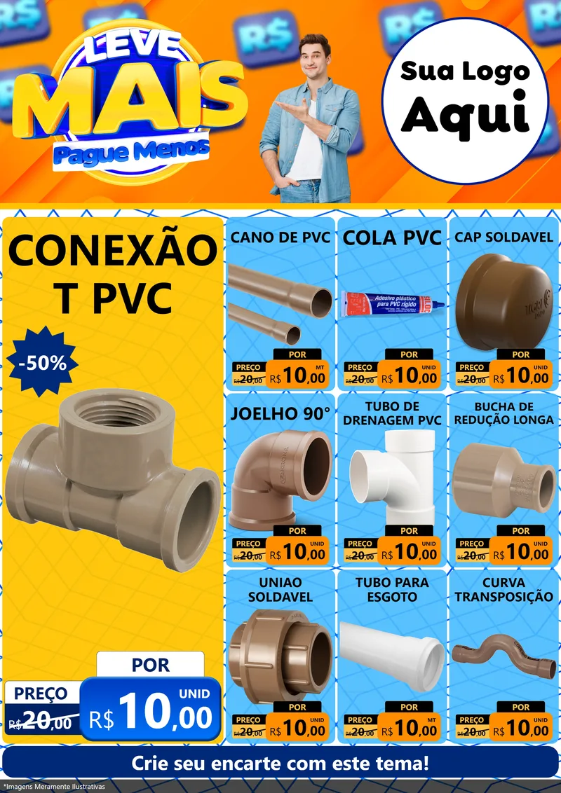 Modelo de Encarte para Encarte A4 Vertical com o tema Leve Mais, Pague Menos para Tubos e conexões