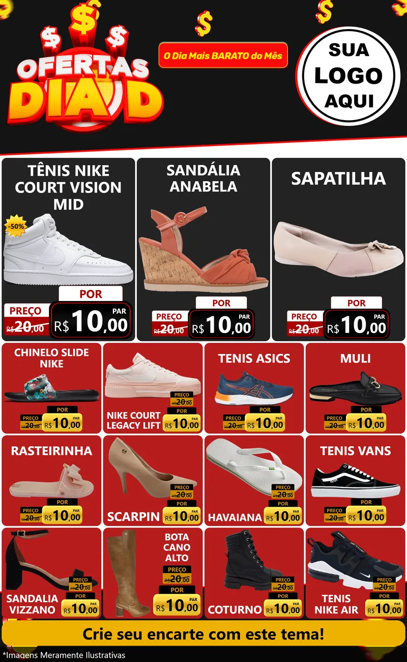 Modelo de Encarte para Encarte Grande com o tema Ofertas Dia D para Calçados
