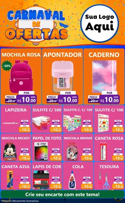 Modelo de Encarte para Encarte Grande com o tema Carnaval de Ofertas para Papelaria