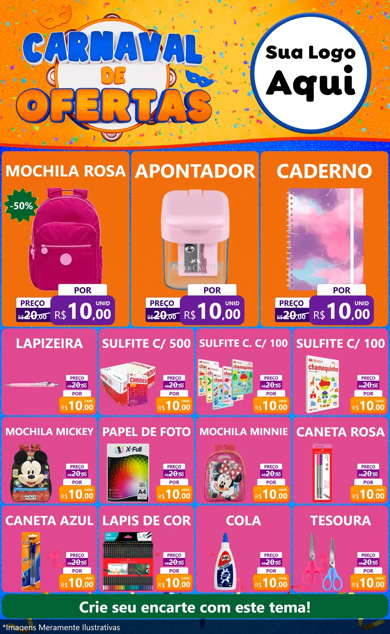 Modelo de Encarte para Encarte Grande com o tema Carnaval de Ofertas para Papelaria