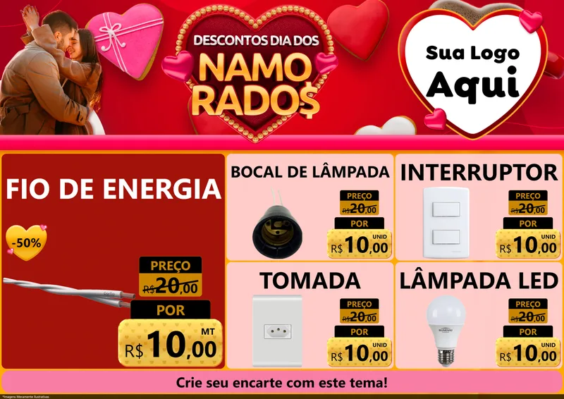 Modelo de Encarte para Encarte A4 Horizontal com o tema Descontos Dia dos Namorados para Materiais Elétricos