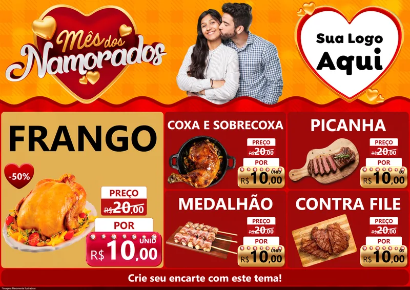 Modelo de Encarte para Encarte A4 Horizontal com o tema Mês dos Namorados para Assados