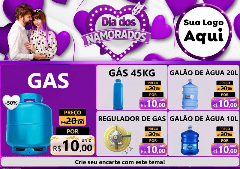 Modelo de Encarte para Encarte A4 Horizontal com o tema Dia dos Namorados para Água e gás