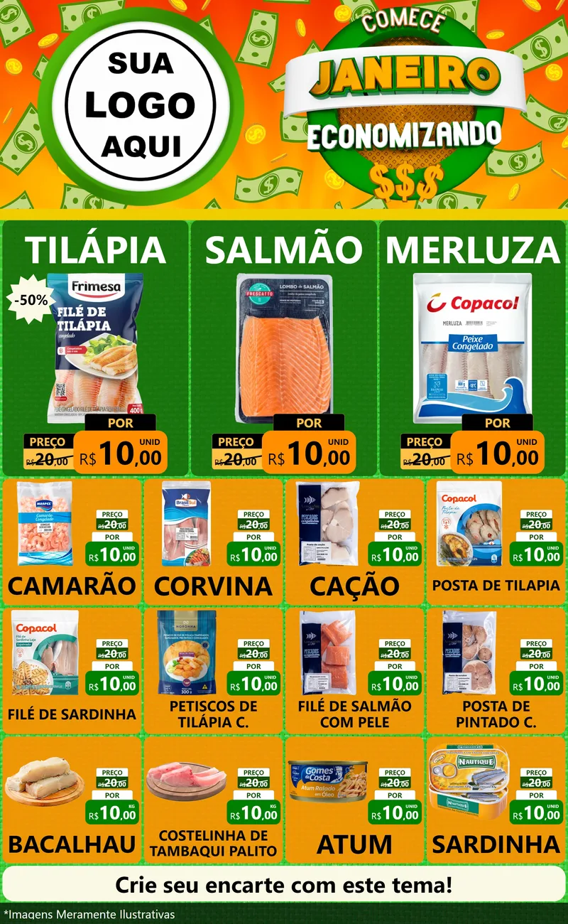 Modelo de Encarte para Encarte Grande com o tema Comece Janeiro Economizando para Peixaria