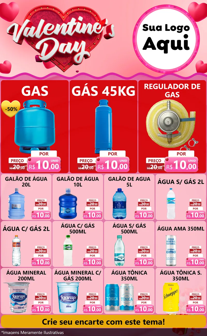 Modelo de Encarte para Encarte Grande com o tema Valentine's Day para Água e gás