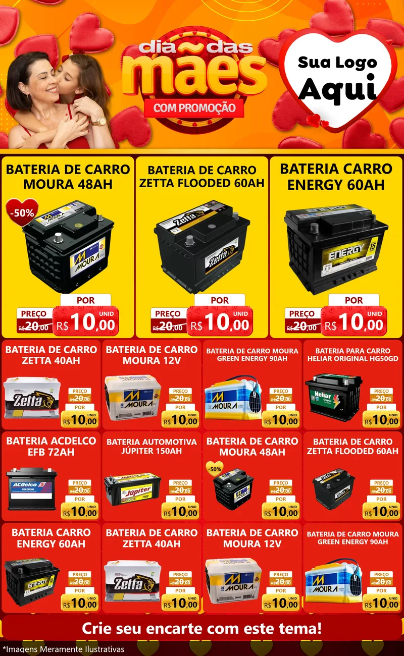 Modelo de Encarte para Encarte Grande com o tema Dia das Mães com Promoção para Baterias Elétricas