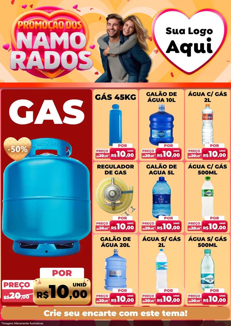 Modelo de Encarte para Encarte A4 Vertical com o tema Promoção dos Namorados para Água e gás