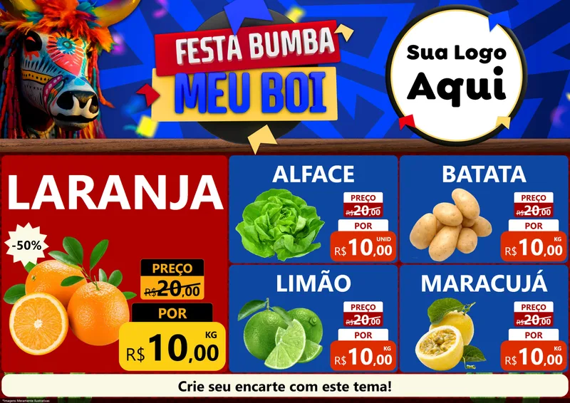 Modelo de Encarte para Encarte A4 Horizontal com o tema Festa Bumba meu Boi para Hortifrúti