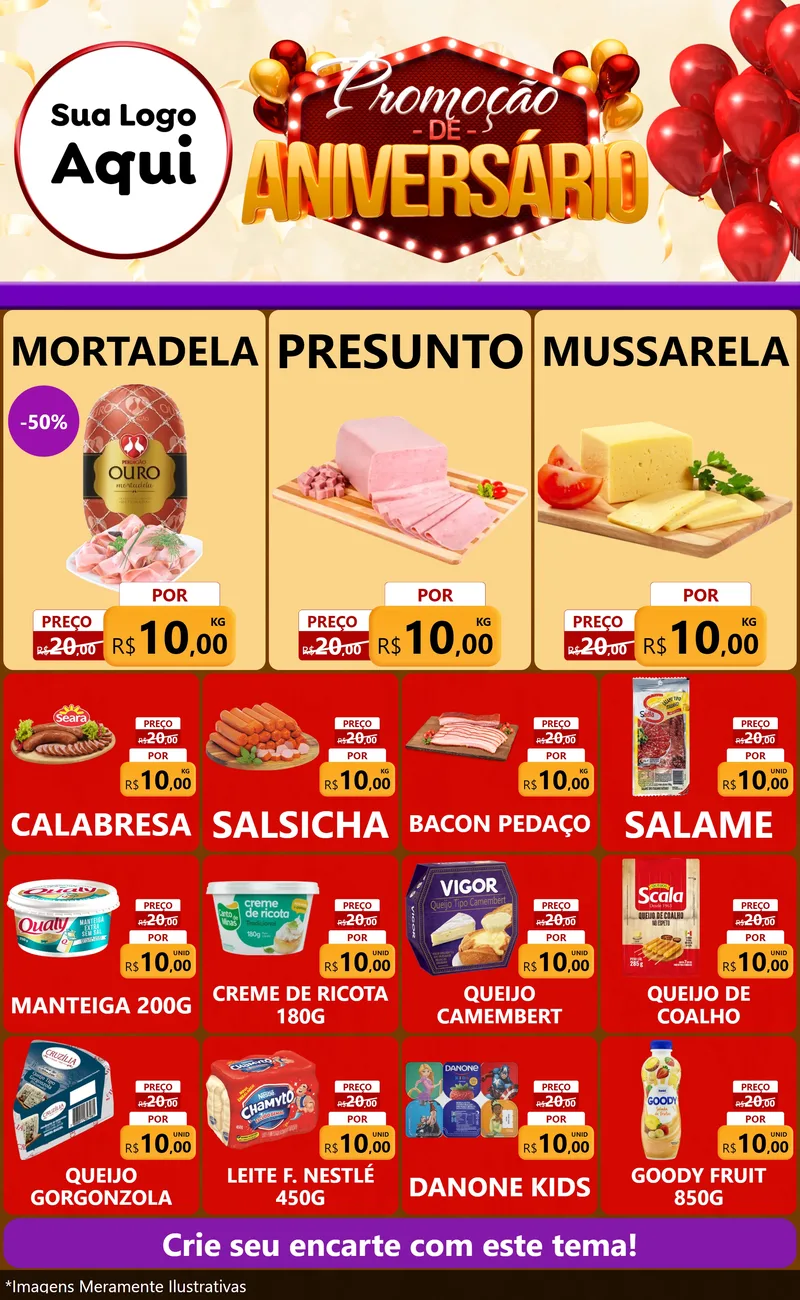 Modelo de Encarte para Encarte Grande com o tema Promoção de Aniversário para Frios e Laticínios
