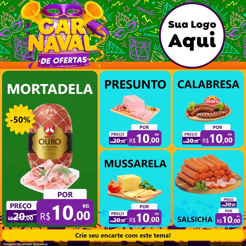 Modelo de Rede Social para Feed Facebook com o tema Carnaval de Ofertas para Frios e Laticínios