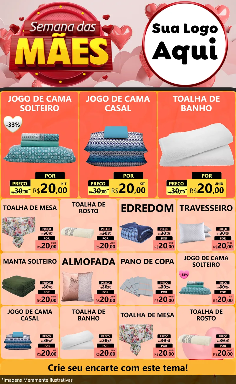 Modelo de Encarte para Encarte Grande com o tema Semana das Mães para Cama, Mesa e Banho