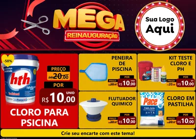 Modelo de Encarte para Encarte A4 Horizontal com o tema Mega Reinauguração para Produtos para Piscina