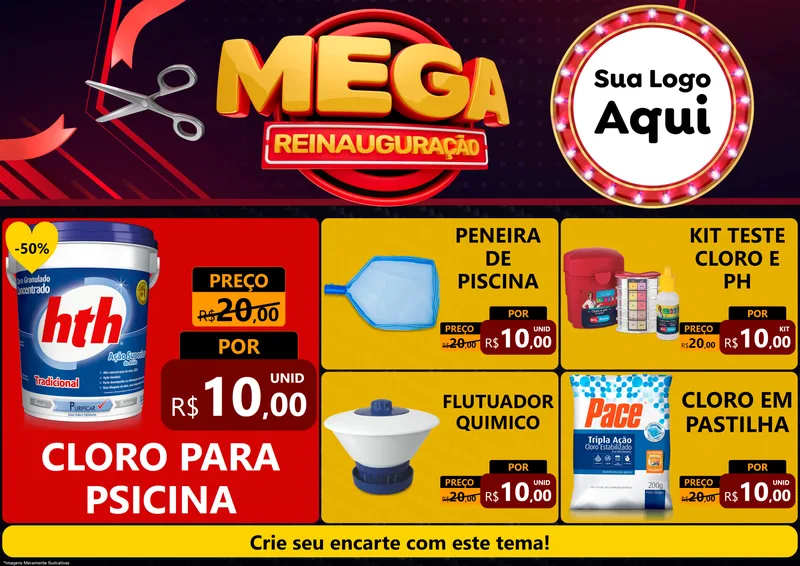 Modelo de Encarte para Encarte A4 Horizontal com o tema Mega Reinauguração para Produtos para Piscina