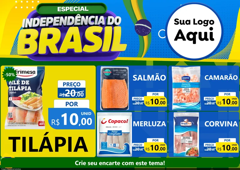 Modelo de Encarte para Encarte A4 Horizontal com o tema Especial Independência do Brasil para Peixaria