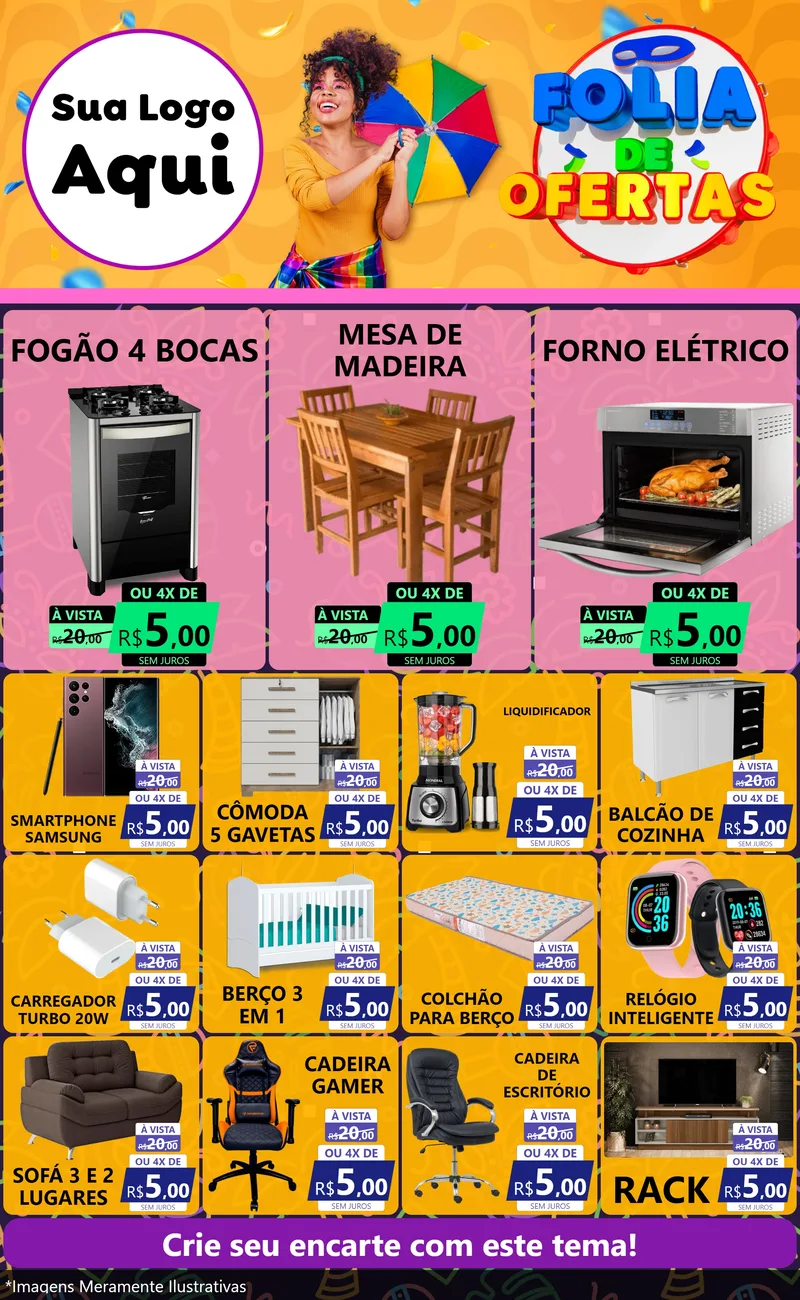 Modelo de Encarte para Encarte Grande com o tema Folia de Ofertas para Móveis e Eletro