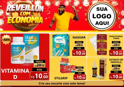 Modelo de Encarte para Encarte A4 Horizontal com o tema Réveillon com Economia para Farmácia