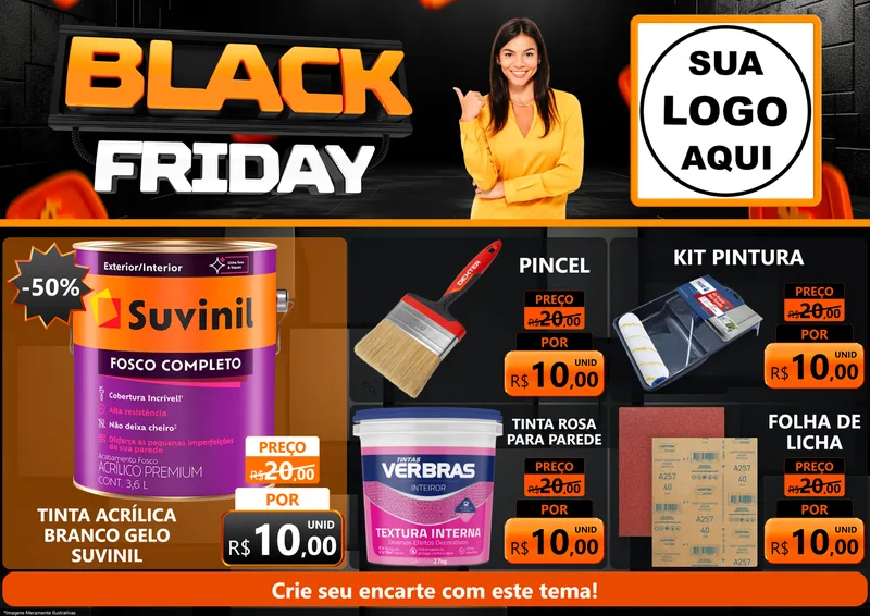 Modelo de Encarte para Encarte A4 Horizontal com o tema Black Friday para Tintas e Ferramentas
