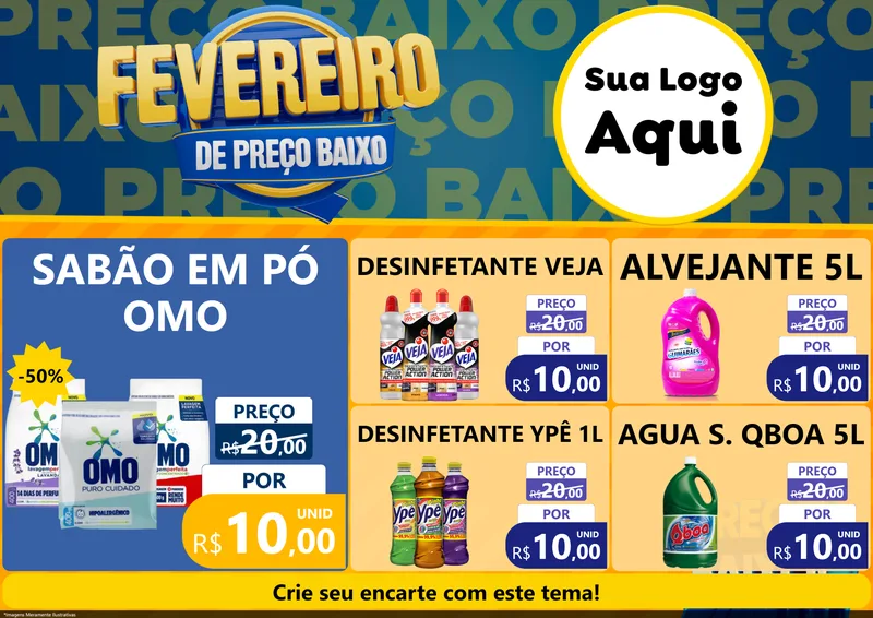 Modelo de Encarte para Encarte A4 Horizontal com o tema Fevereiro de Preço Baixo para Produtos de Limpeza