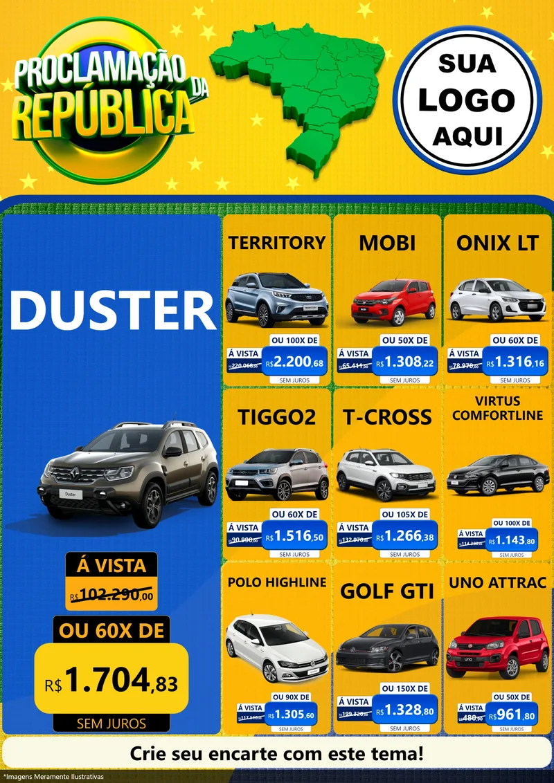 Modelo de Encarte para Encarte A4 Vertical com o tema Proclamação da República para Concessionaria de Carros