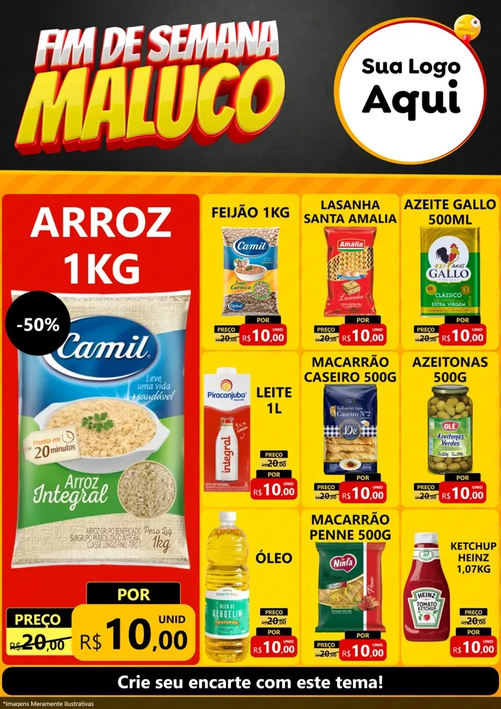 Modelo de Encarte para Encarte A4 Vertical com o tema Final de Semana Maluco para Supermercado