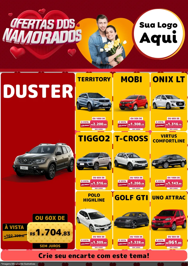 Modelo de Encarte para Encarte A4 Vertical com o tema Ofertas Dos Namorados para Concessionaria de Carros