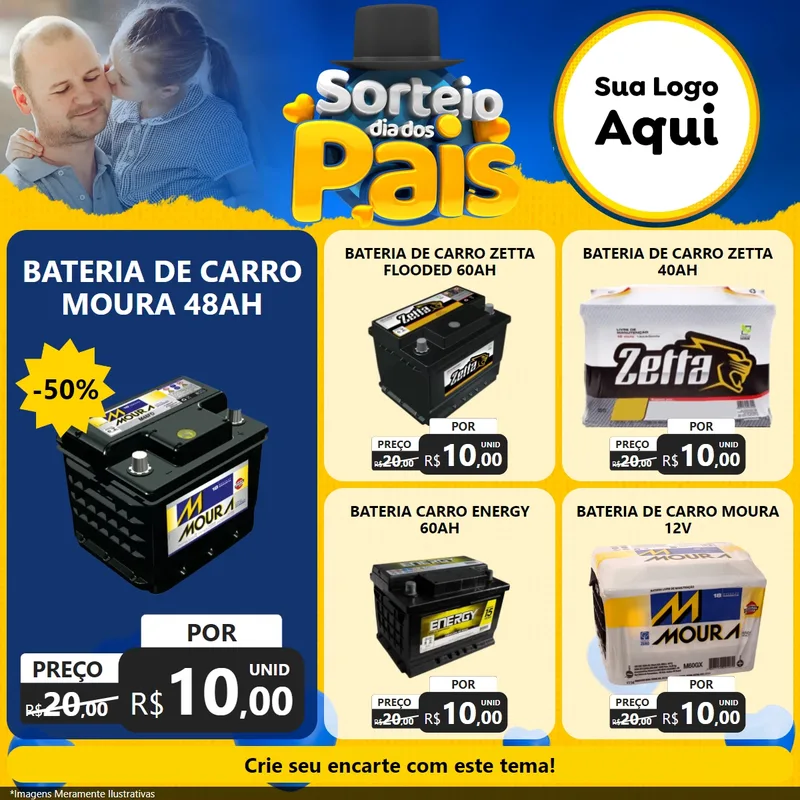 Modelo de Rede Social para Feed Facebook com o tema Sorteio Dia Dos Pais para Baterias Elétricas