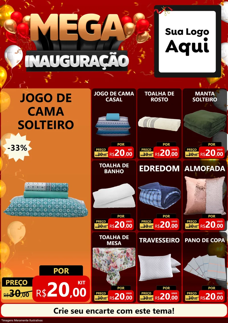 Modelo de Encarte para Encarte A4 Vertical com o tema Mega Inauguração para Cama, Mesa e Banho