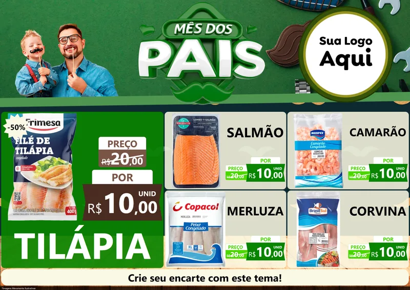 Modelo de Encarte para Encarte A4 Horizontal com o tema Mês dos Pais para Peixaria