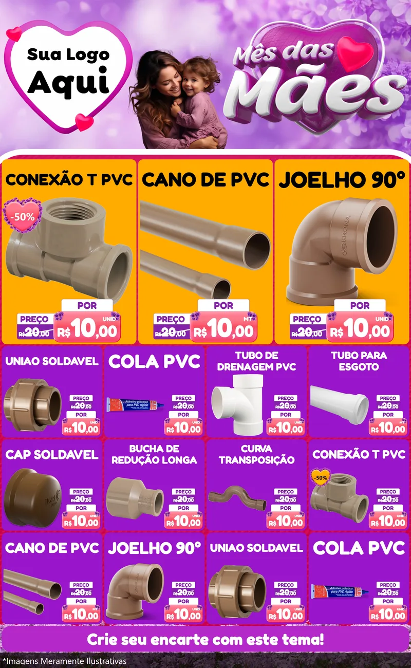 Modelo de Encarte para Encarte Grande com o tema Mês das Mães para Tubos e conexões
