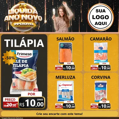 Modelo de Rede Social para Feed Facebook com o tema Liquida Ano Novo Imperdível para Peixaria