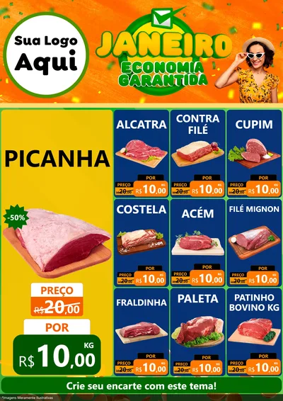 Modelo de Encarte para Encarte A4 Vertical com o tema Janeiro - Economia Garantida para Açougue