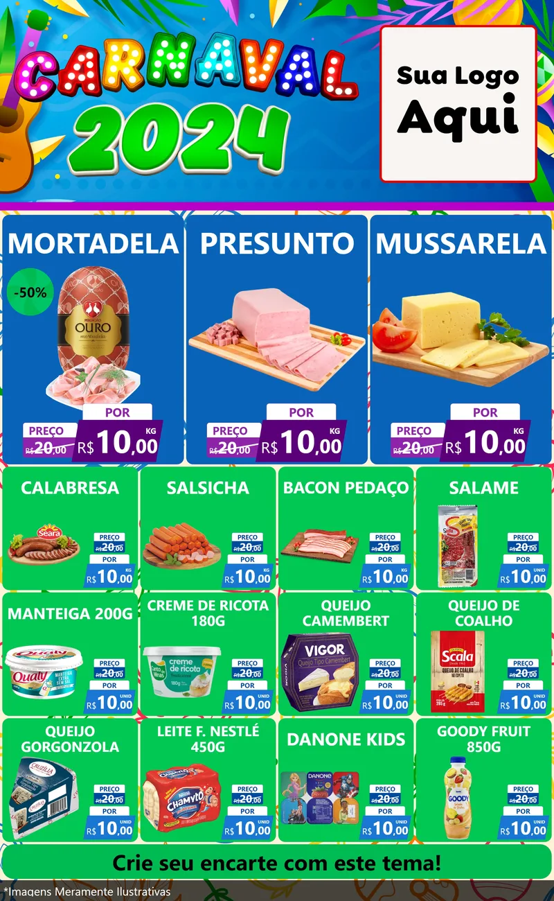 Modelo de Encarte para Encarte Grande com o tema Carnaval 2027 para Frios e Laticínios