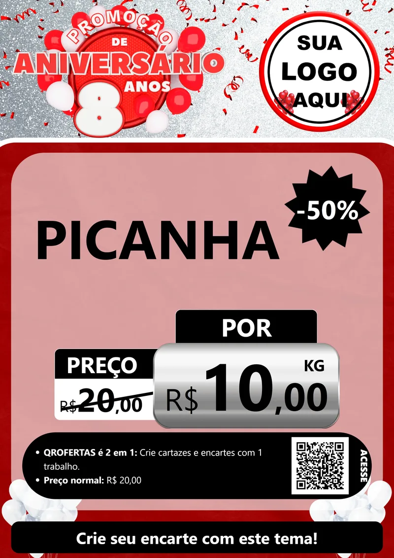 Modelo de Cartaz para Cartaz A4 Vertical com o tema Promoção de Aniversário - 8 Anos para Açougue
