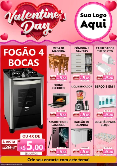 Modelo de Encarte para Encarte A4 Vertical com o tema Valentine's Day para Móveis e Eletro