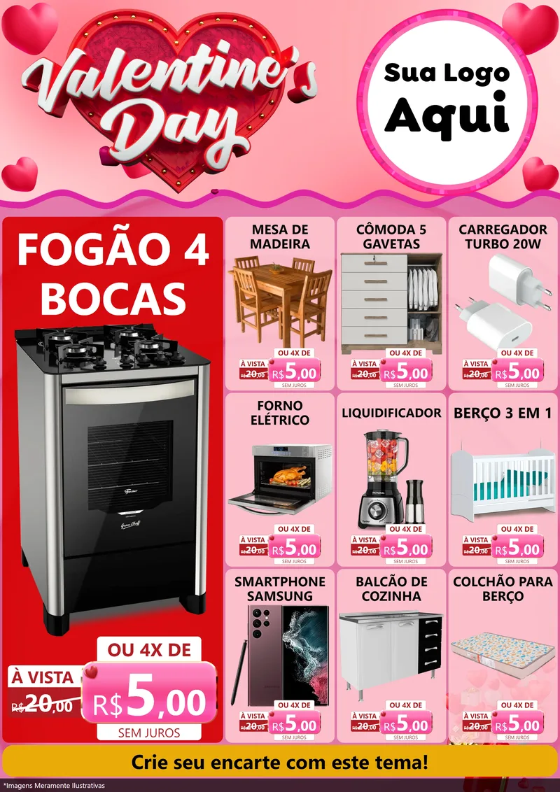 Modelo de Encarte para Encarte A4 Vertical com o tema Valentine's Day para Móveis e Eletro