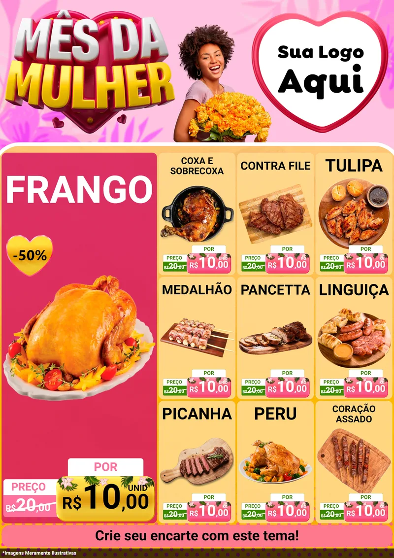 Modelo de Encarte para Encarte A4 Vertical com o tema Mês da Mulher para Assados
