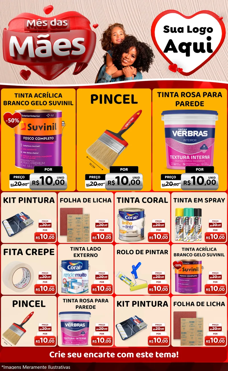 Modelo de Encarte para Encarte Grande com o tema Mês das Mães para Tintas e Ferramentas
