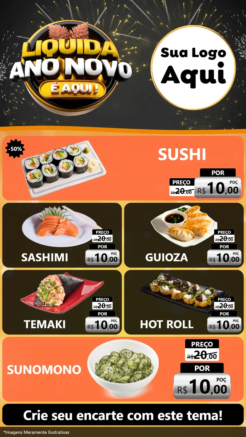 Modelo de TV para TV Vertical com o tema Liquida Ano Novo É Aqui! para Comida japonesa