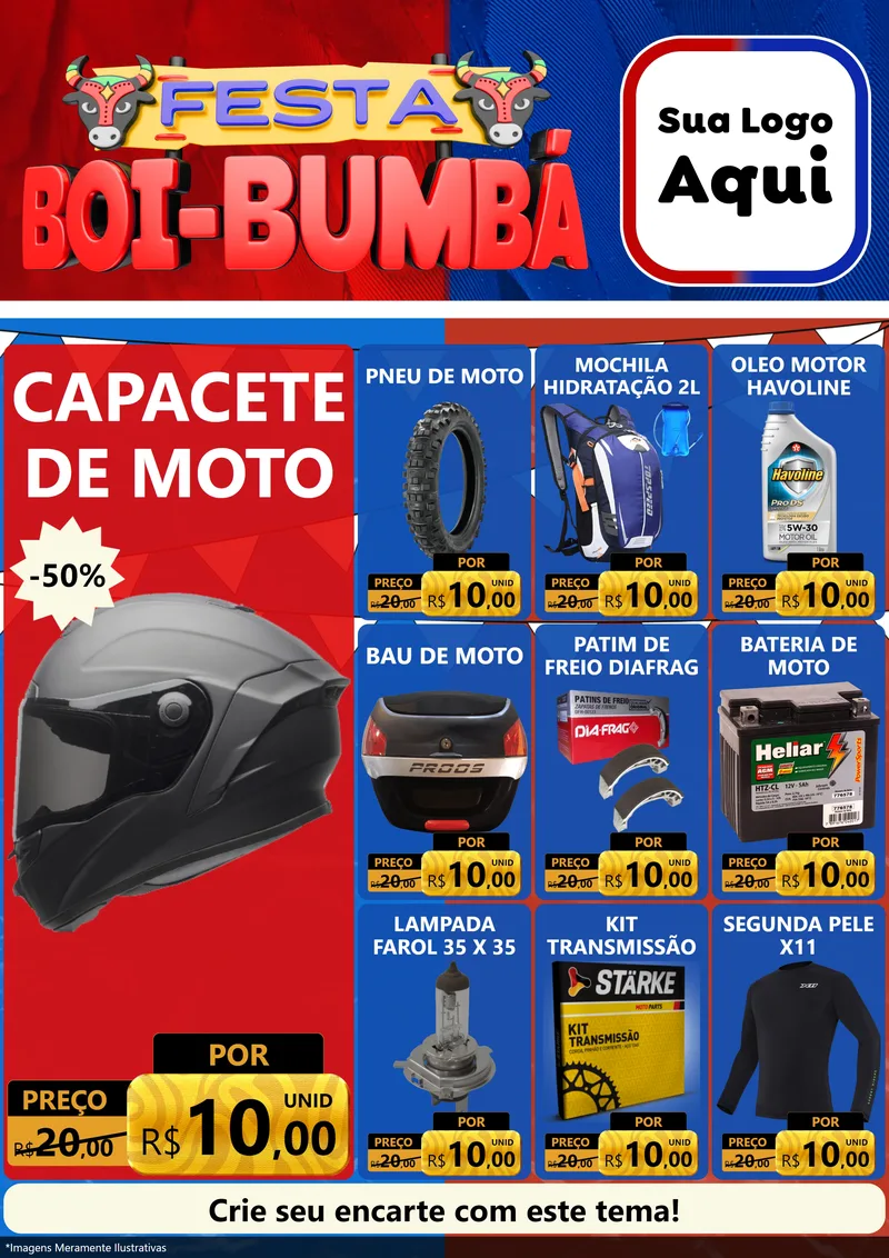 Modelo de Encarte para Encarte A4 Vertical com o tema Festa Boi Bumbá para Moto peças