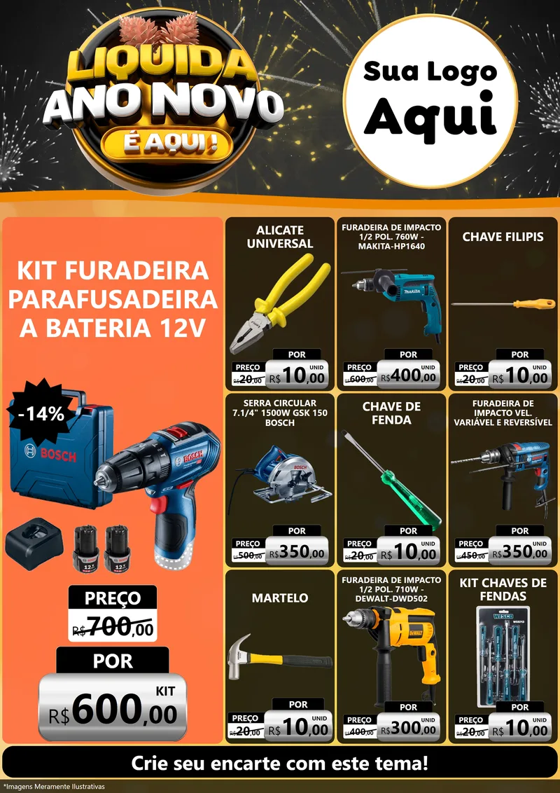 Modelo de Encarte para Encarte A4 Vertical com o tema Liquida Ano Novo É Aqui! para Maquinas e Ferramentas