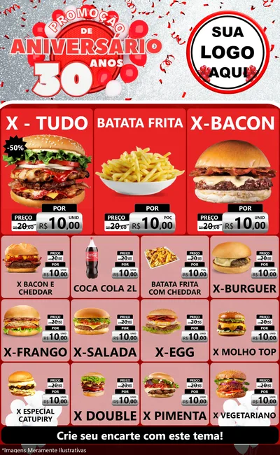 Modelo de Encarte para Encarte Grande com o tema Promoção de Aniversário - 30 Anos para Hamburgueria