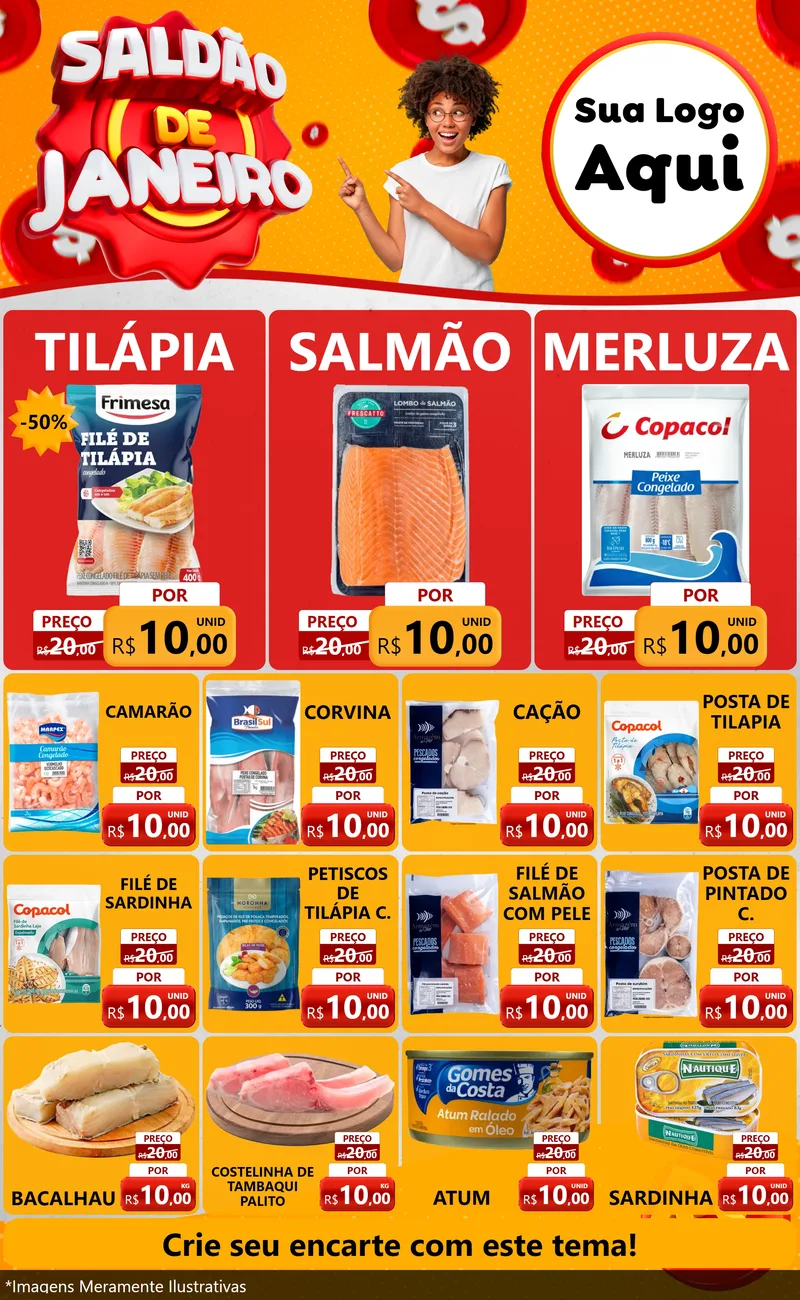 Modelo de Encarte para Encarte Grande com o tema Saldão de Janeiro para Peixaria