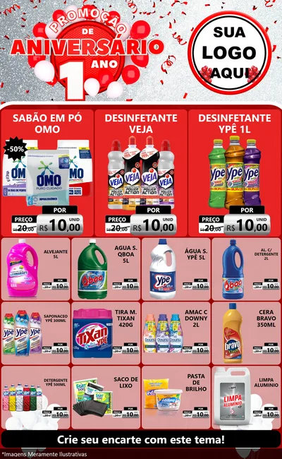 Modelo de Encarte para Encarte Grande com o tema Promoção de Aniversário - 1 Ano para Produtos de Limpeza