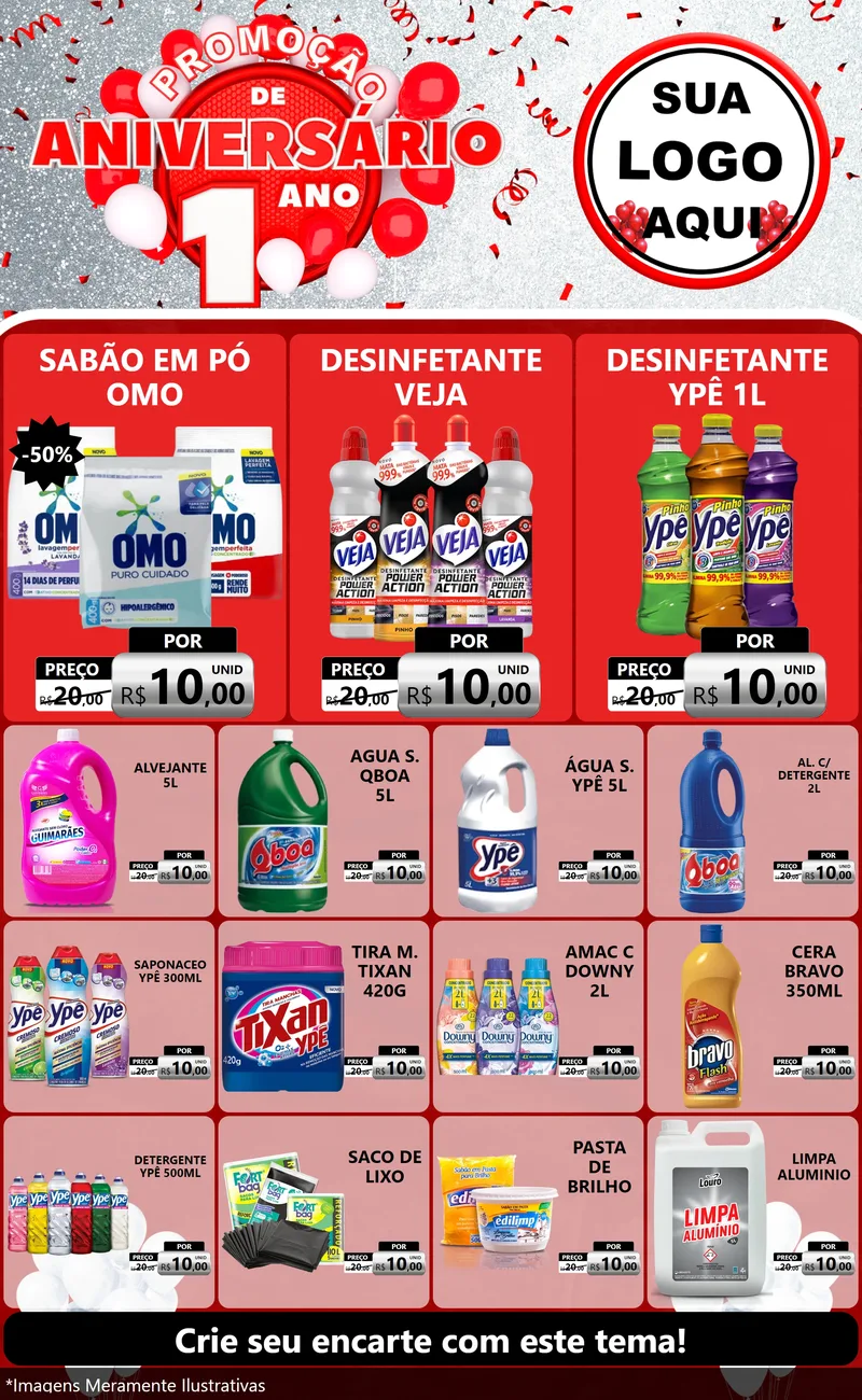 Modelo de Encarte para Encarte Grande com o tema Promoção de Aniversário - 1 Ano para Produtos de Limpeza