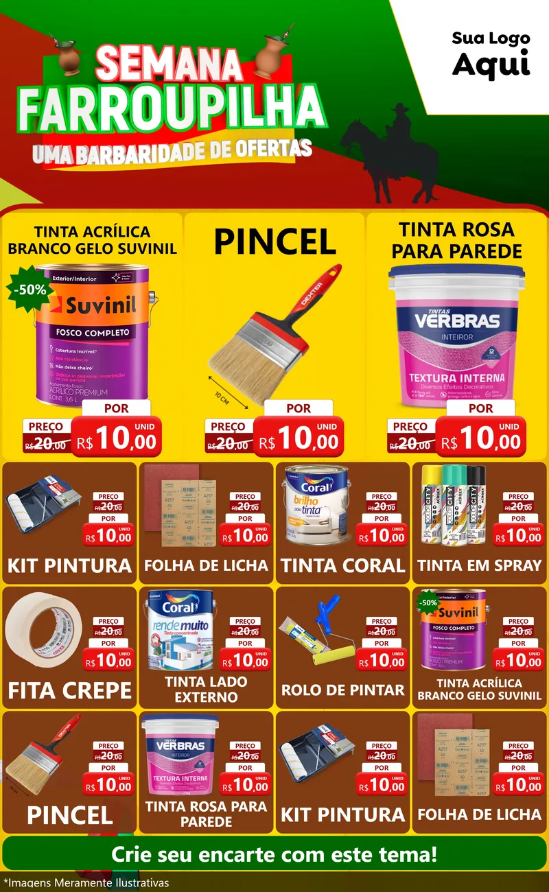 Modelo de Encarte para Encarte Grande com o tema Semana Farroupilha - Uma Barbaridade de Ofertas para Tintas e Ferramentas