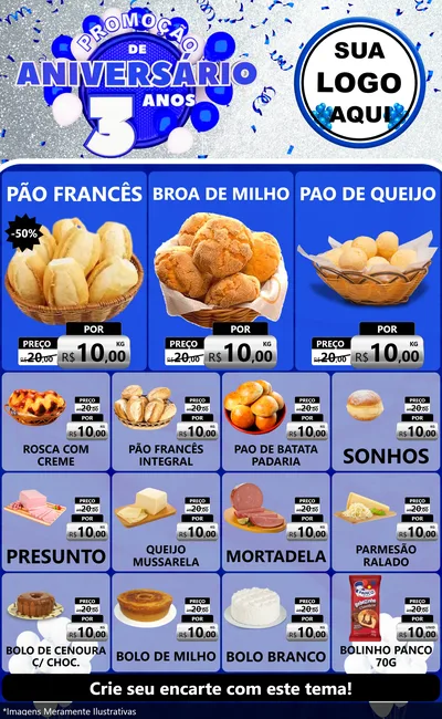 Modelo de Encarte para Encarte Grande com o tema Promoção de Aniversário - 3 Anos para Padaria