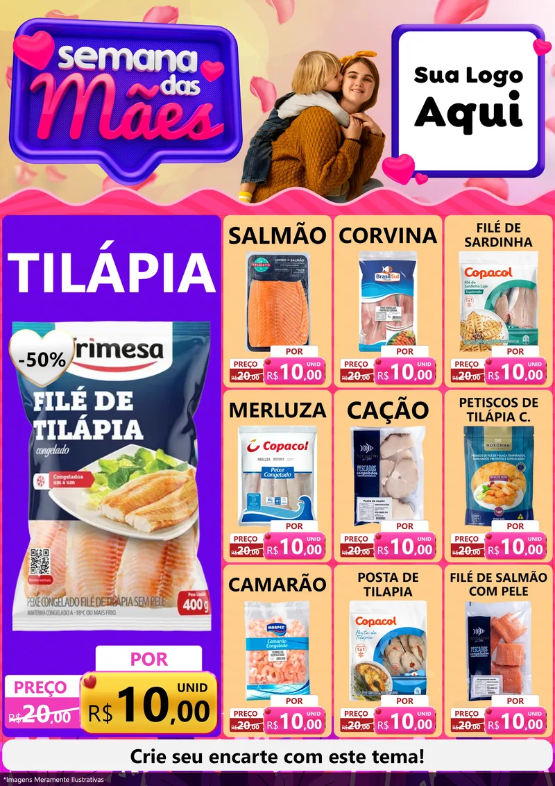 Modelo de Encarte para Encarte A4 Vertical com o tema Semana das Mães para Peixaria