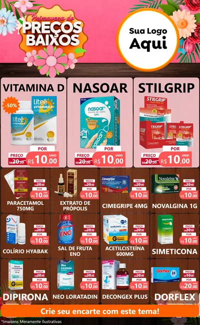 Modelo de Encarte para Encarte Grande com o tema Primavera de Preços Baixos para Farmácia