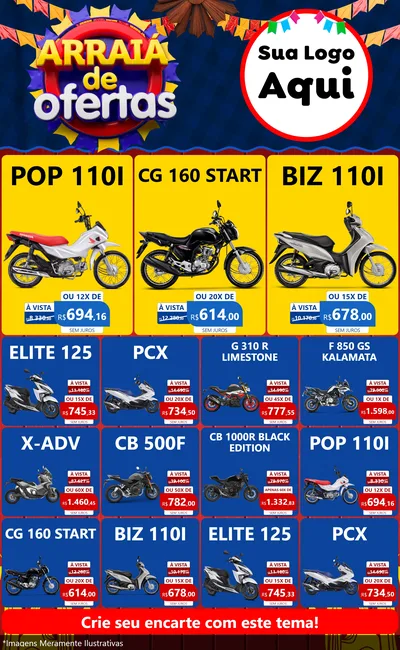 Modelo de Encarte para Encarte Grande com o tema Arraiá de Ofertas para Concessionaria de Motos
